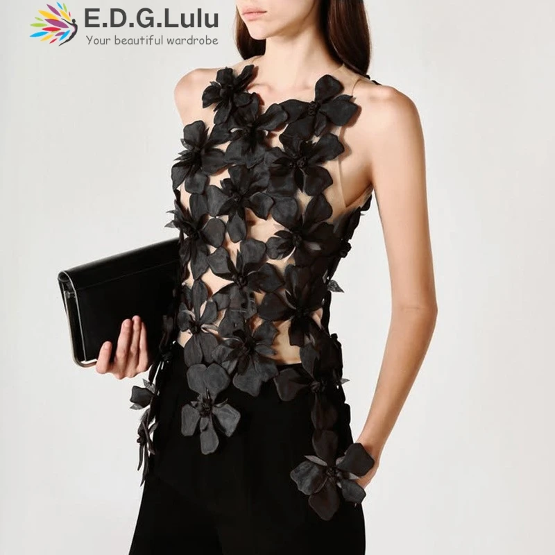 

EDGLuLu 2025 Spring Summer New Fashion 3d Flower Splicing Mesh Vest Ladies O Neck Sleeveless Asymmetrical Vest Top 0505