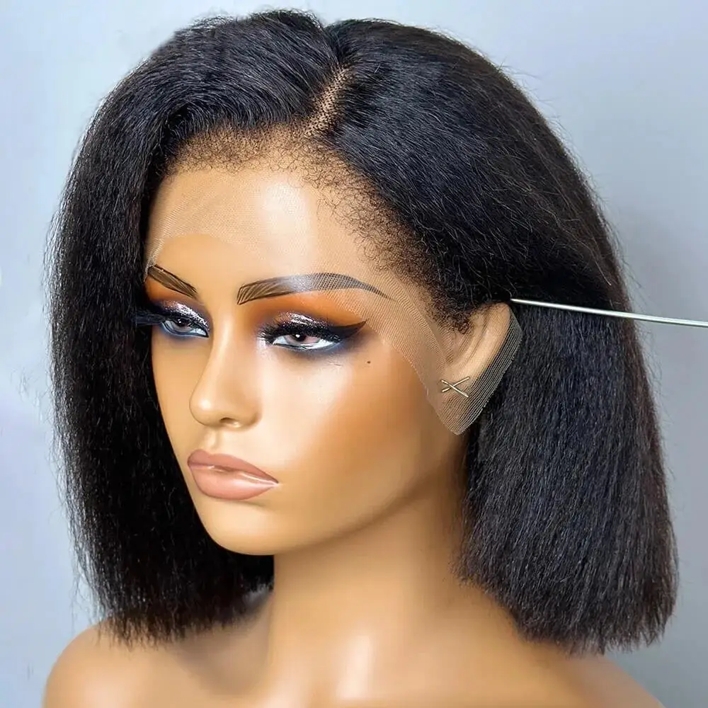 Glueless Short Bob Yaki 18Inch Natural Black Kinky Straight Lace Front Wig For Women With Baby Hair Synthetic Preplucked Daily