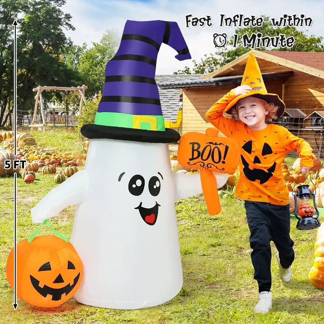 Outdoor Decorations Blow Up Yard Cute Wizard Ghost with Pumpkin with Built-in LEDs for Garden Lawn Indoor Party Holiday Decor