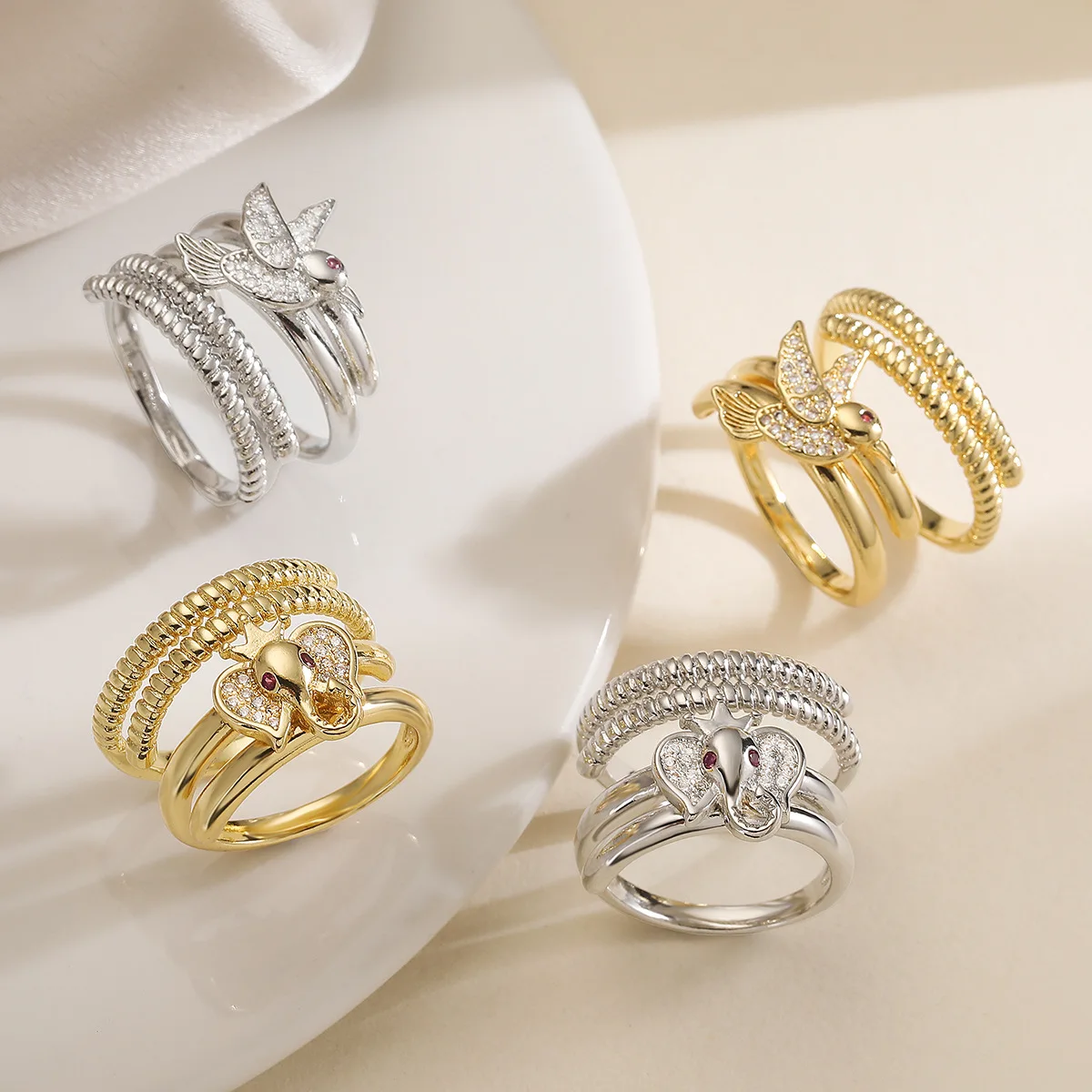 Unique Design Heart Evil Eye Elephant Bird Ring Sets For Women Gold/Silver Color CZ Jewelry Birthday Gift