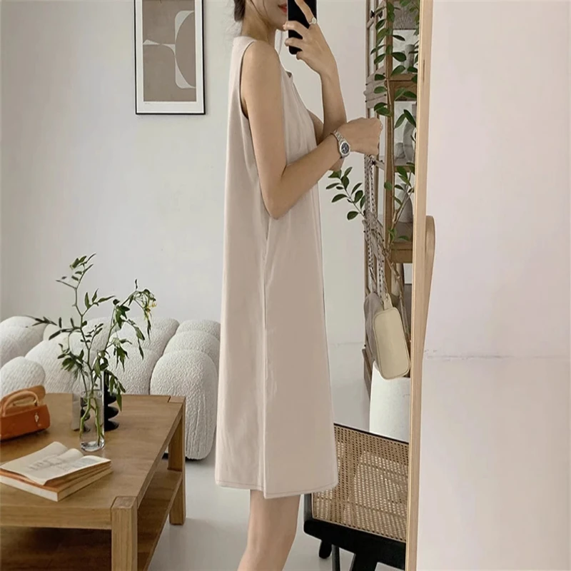 2025 été Style coréen coton lin col rond sans manches femmes débardeur robes mi-longue décontracté solide coupe ample poches Robes robe