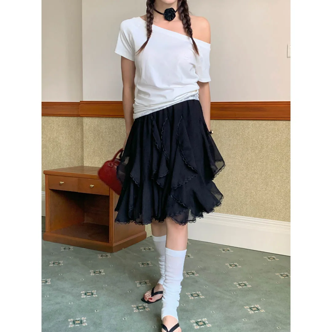 Nieregularna spódnica do połowy długości dla kobiet 25 Wiosenny styl z koronkową krótką spódniczką w stylu wróżki z liści lotosu