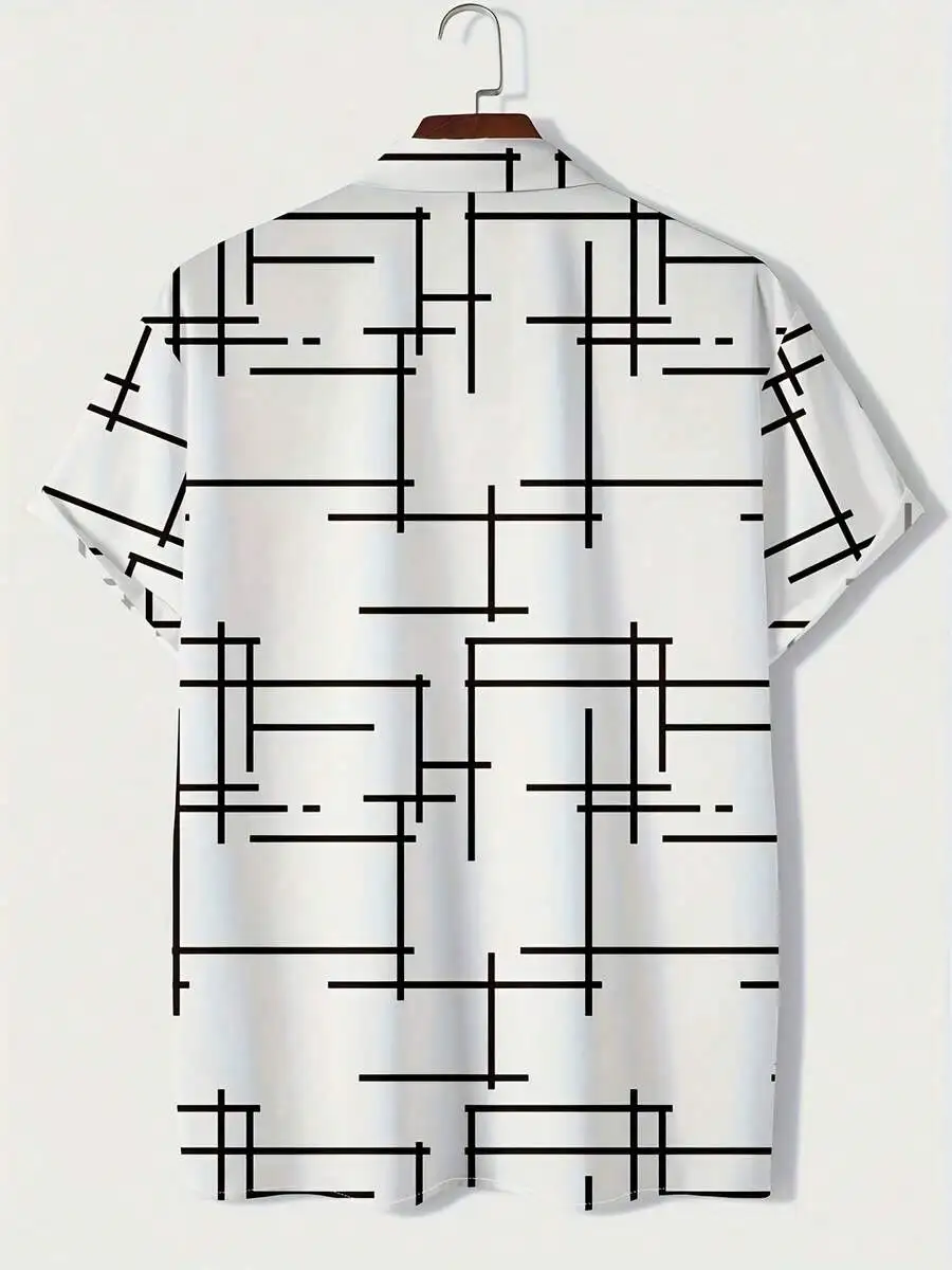 

Geometric Black Line Grid Pattern Casual Hawaiian Shirt Men Summer Short Sleeve Button Down Top