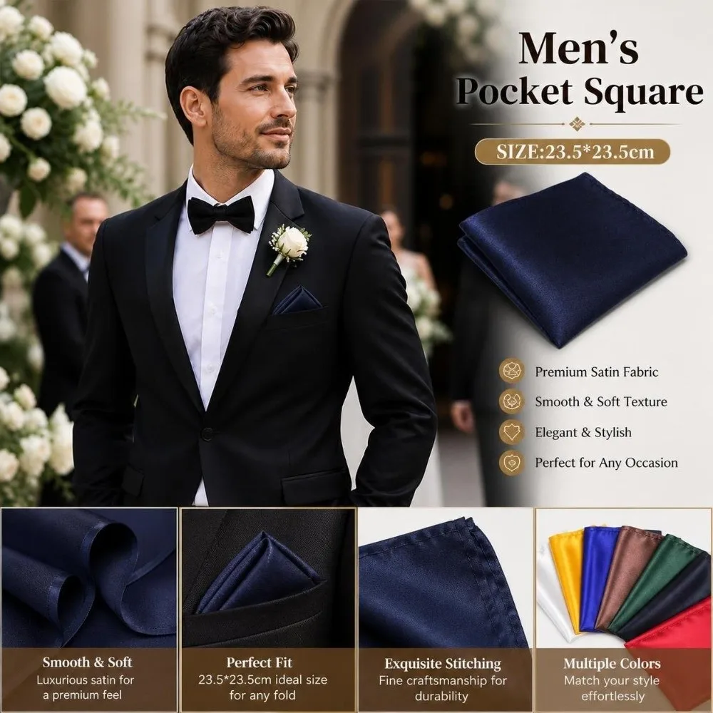 Solid Color Men's Pocket Square Square Shape Satin Breast Pocket Handkerchief Foldable Waterproof Business Suit Scarf