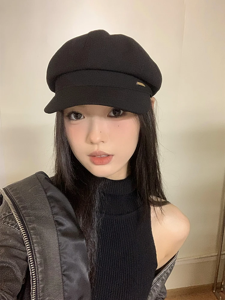 Black Beret Hat Women's Spring Summer New Style Newsboy Cap Large Head Circumference Face Slimming Octagonal Painter Hat