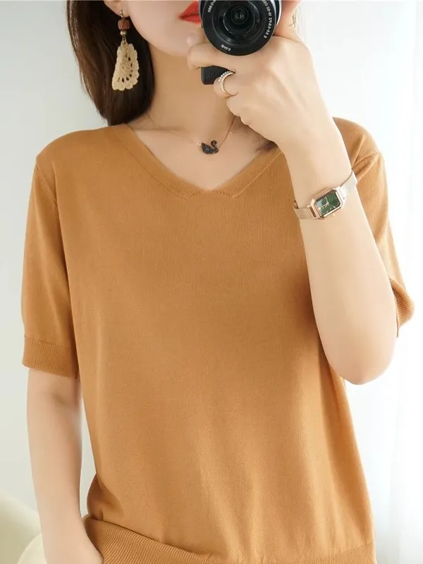 

Spring 2026 Ice Silk V-Ne Women's Loose Knitted f Sve T-irt Base irt Faionable Commute Sle Regular Fit Thin