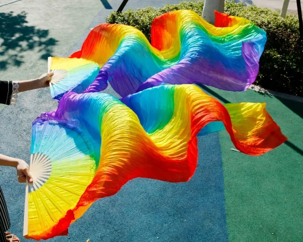 Alta venta hecha a mano para mujer, abanico de danza del vientre de seda de calidad, velos de seda 100% Real, 1 par de colores del arco iris (2 uds)