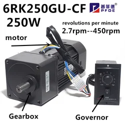 220V 250W AC Reversible Gear 6RK250GU-CF Variable Speed Motor 1:3-1:250 450-2.7RPM 6GU AC Gear Reducer Motor Geared Motor Kit.