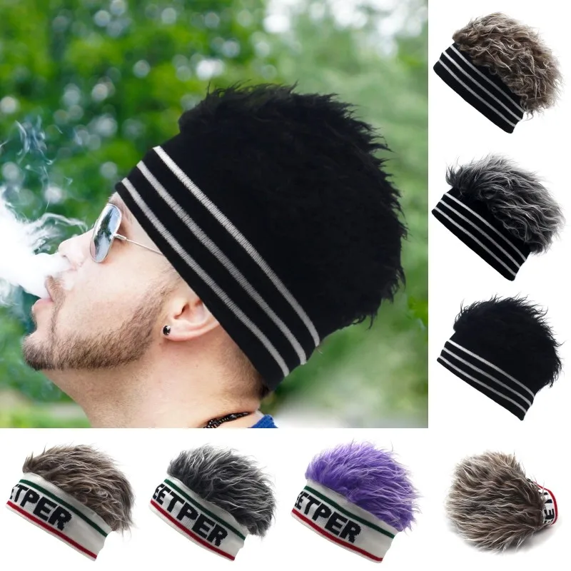 Men Women Spiked Fake Hair Cycling Sport Hat Comfortable Knit Cotton Funny Hip Hop Dance Party Short Melon Wig Skull Beanie Hat