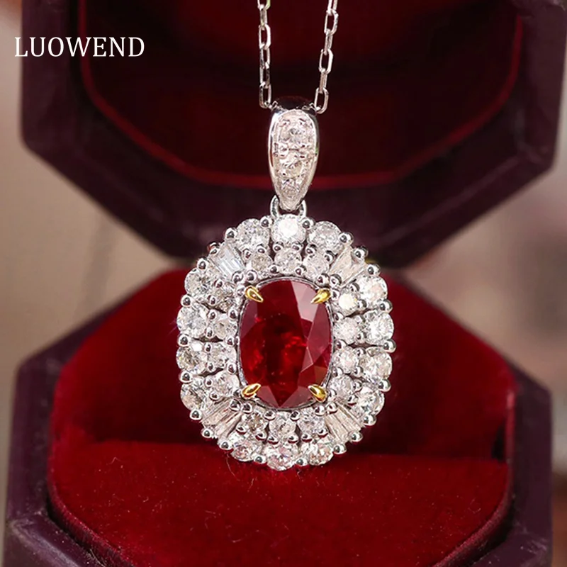 

LUOWEND 18K White and Yellow Gold Pendant Natural Ruby Necklace Classic Style Diamond Jewelry for Women Anniversary