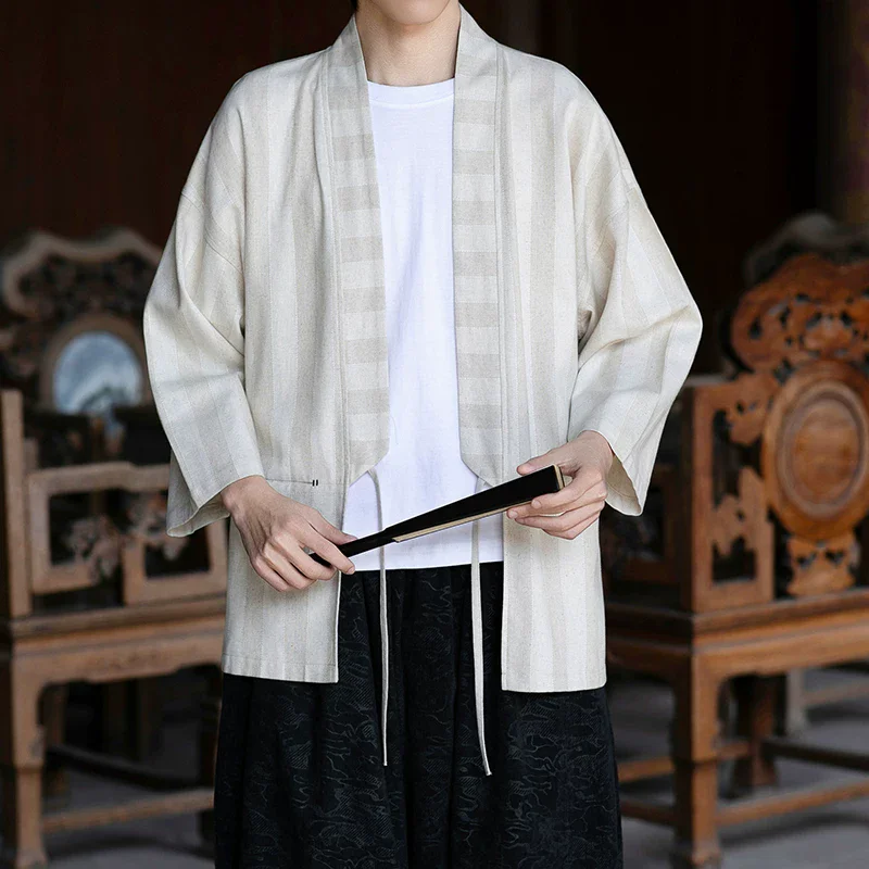 

New Chinese Style Men Linen Cardigan Men 3/4 Sleeve Loose Open Front Shirt Men Traditional Outfit Summer Hanfu Tops
