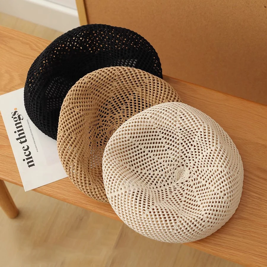 

Artistic Beret Spring/Summer Breathable Hollow Knitted Artist Hat New Style Versatile Bud Hat Show Small Face