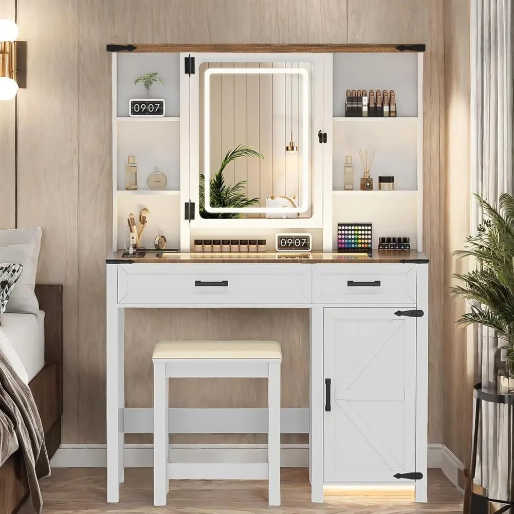 

Farmhouse Vanity with Illuminated Mirror, Vanity with Charging Station, Vanity with Hidden Jewelry Cabinet, 40 Inch Brand