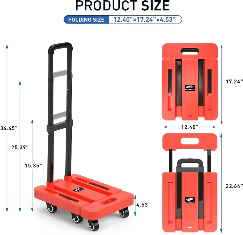 SPACEKEEPER Folding Hand Truck, 500 LB Heavy Duty Luggage Cart, Utility Dolly Platform Cart with 6 Wheels & 2 Elastic Ropes