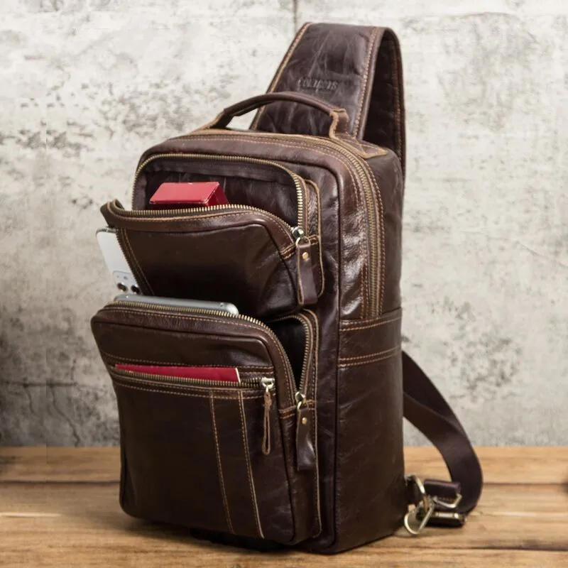 Retro Male Top Layer Cowhide Genuine Leather Shoulder Bags Waterproof Crossbody Travel Sling Messenger Pack Chest Bag for Men