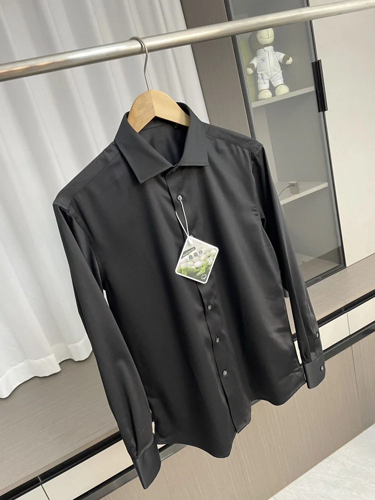 

Мужская осенняя рубашка из модала и шелка с глянцевым блеском, однотонная, с длинным рукавом, повседневная, деловая, модная, приталенная, тонкая, стандартного кроя