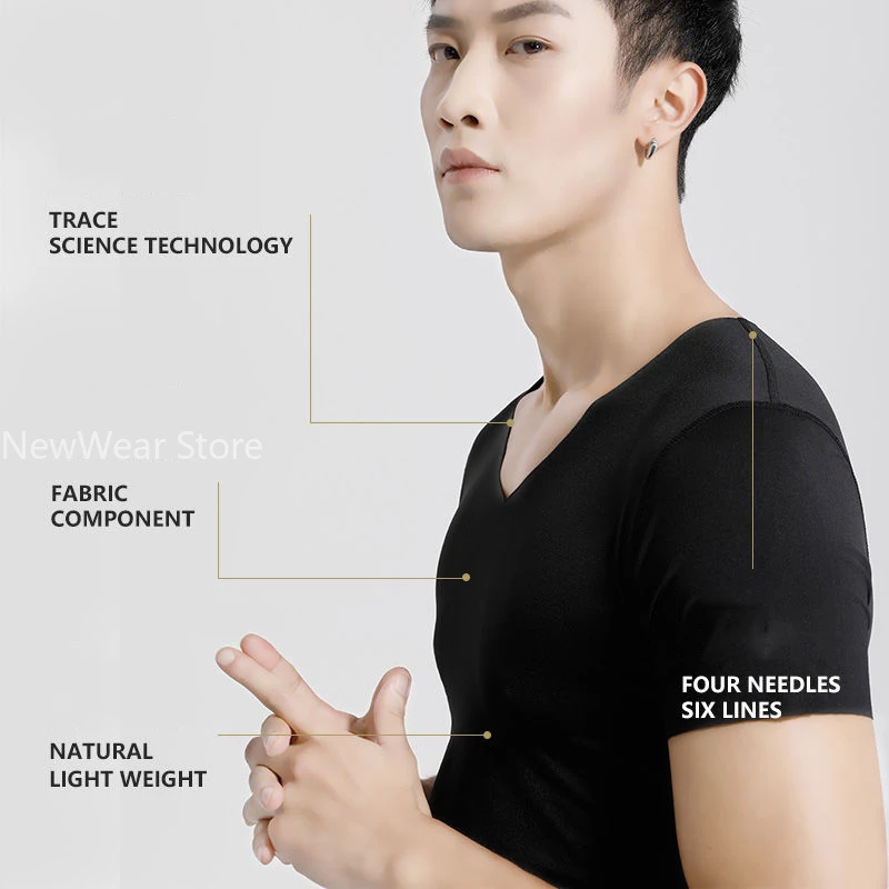 Fashion Summer Seamless Breathable Ice Silk T-Shirt Vest Men\'s Sports Short Sleeve T-shirt Ice Silk Solid Color V-neck M-5XL