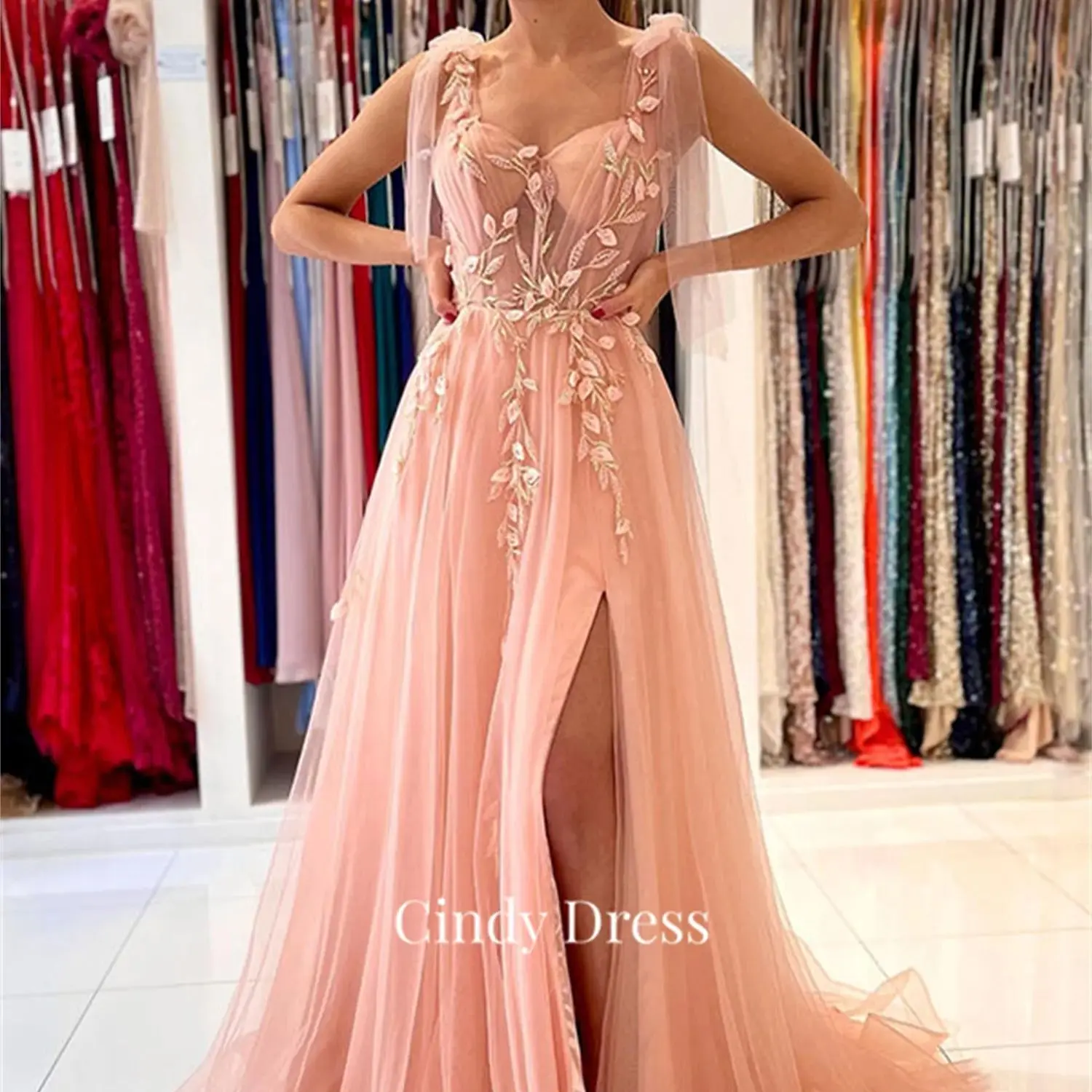 

Cindy Applique Leaves Sweetheart Embroidery A-line Pink Mesh Womens Dresses Prom Dress 2023 Turkey Customs Products Women Long