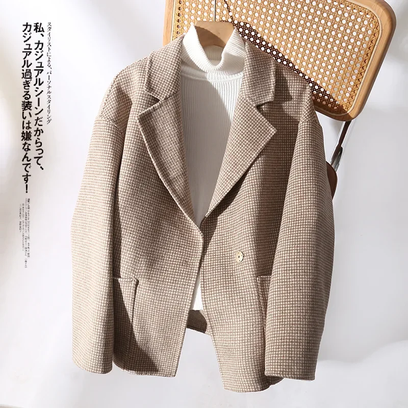 2023 new camel wool short Korean version double-sided cashmere coat small women's clothing thousand bird grid woolen coat