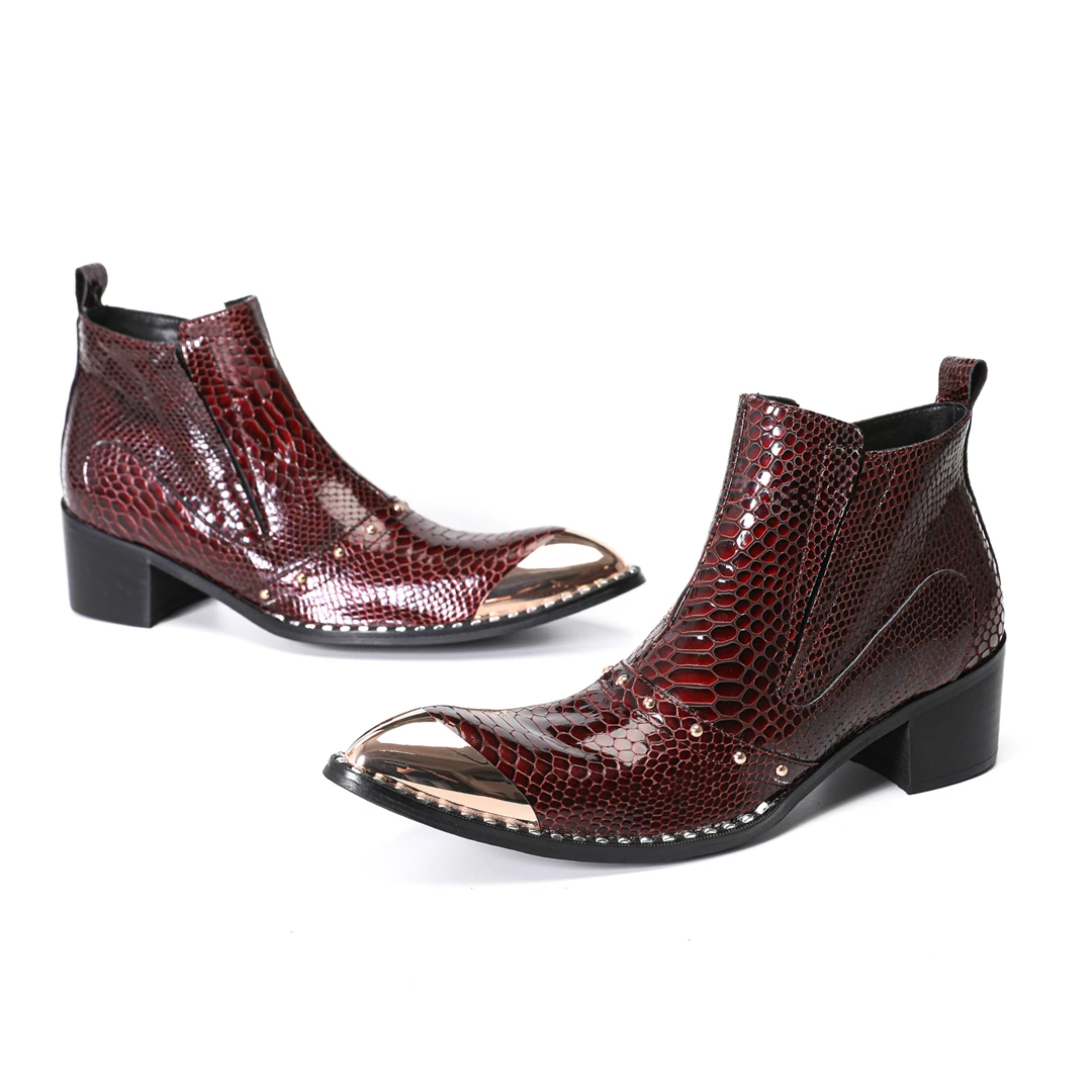 new fashion metal pointed toe men genuine leather short boots big size zipper motorcycle ankle boots man formal party dress shoe