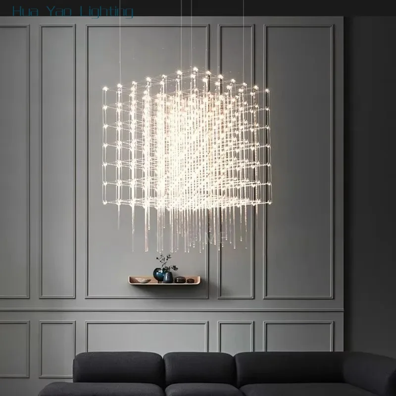 Chrome Square LED Pendant Lamp Stainless Steel For Hall Foyer Restaurant Hanging Light Fixtures Cord Adjustable