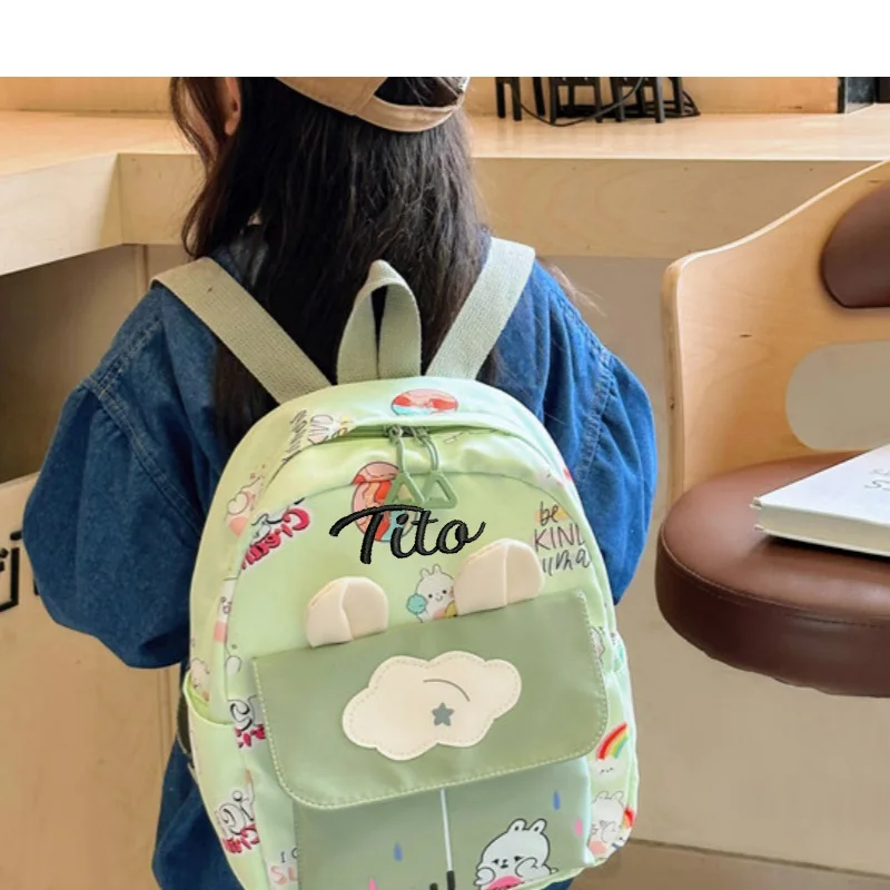 Mochila bonito orelha coelho, Saco de escola do estudante nome personalizado, Coelho branco pequeno impresso, Multi personalizado