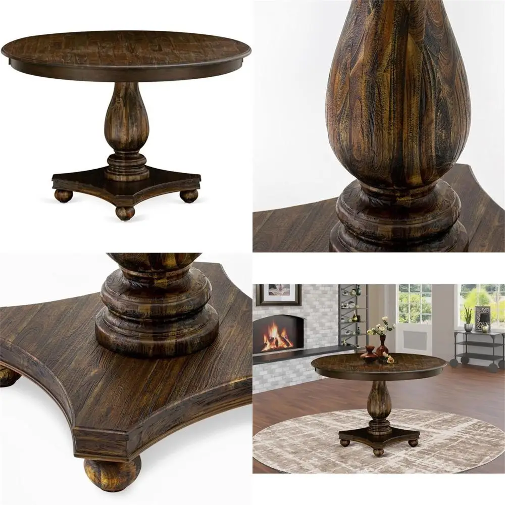 round wooden pedestal dining table, 48x48 inch, distressed jacobean finish