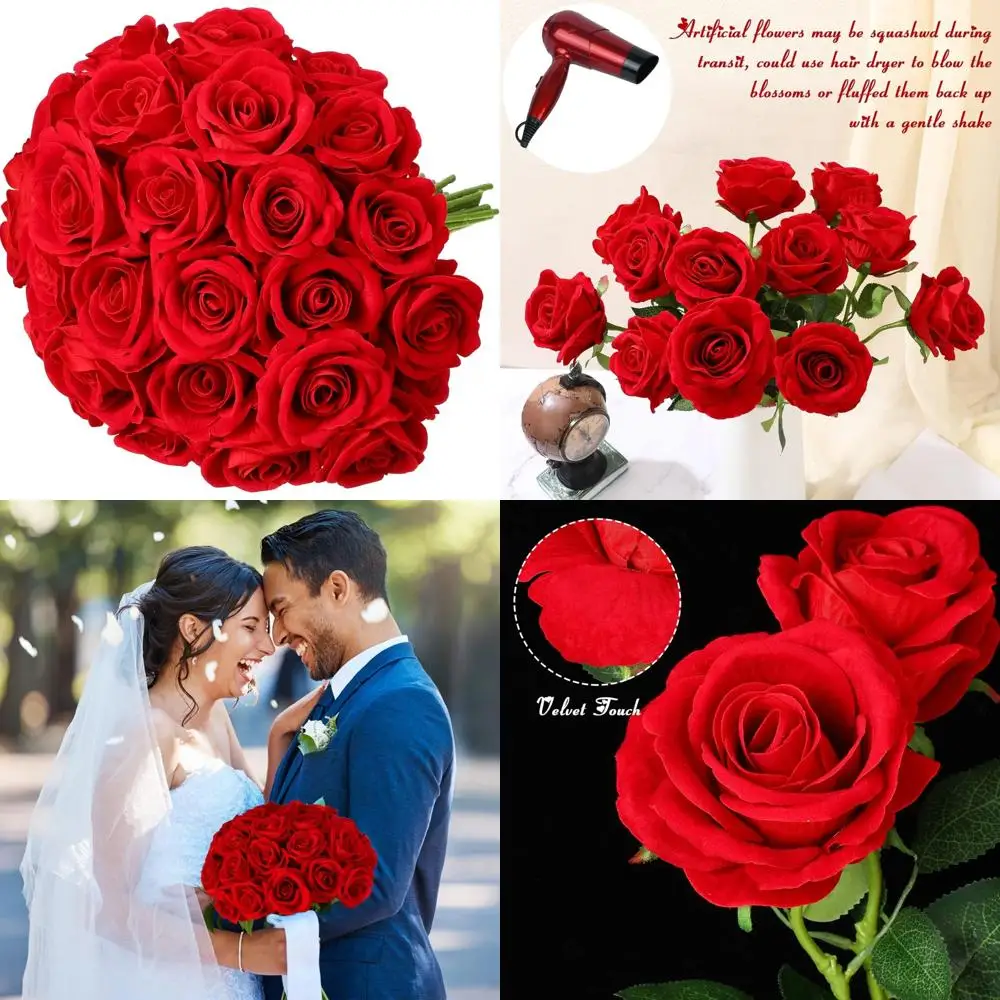 

Bulk Velvet Roses Artificial Flowers Set of 60, Heavy Velvet Fake Roses Bouquet with Long Stems for Home Decor and Events