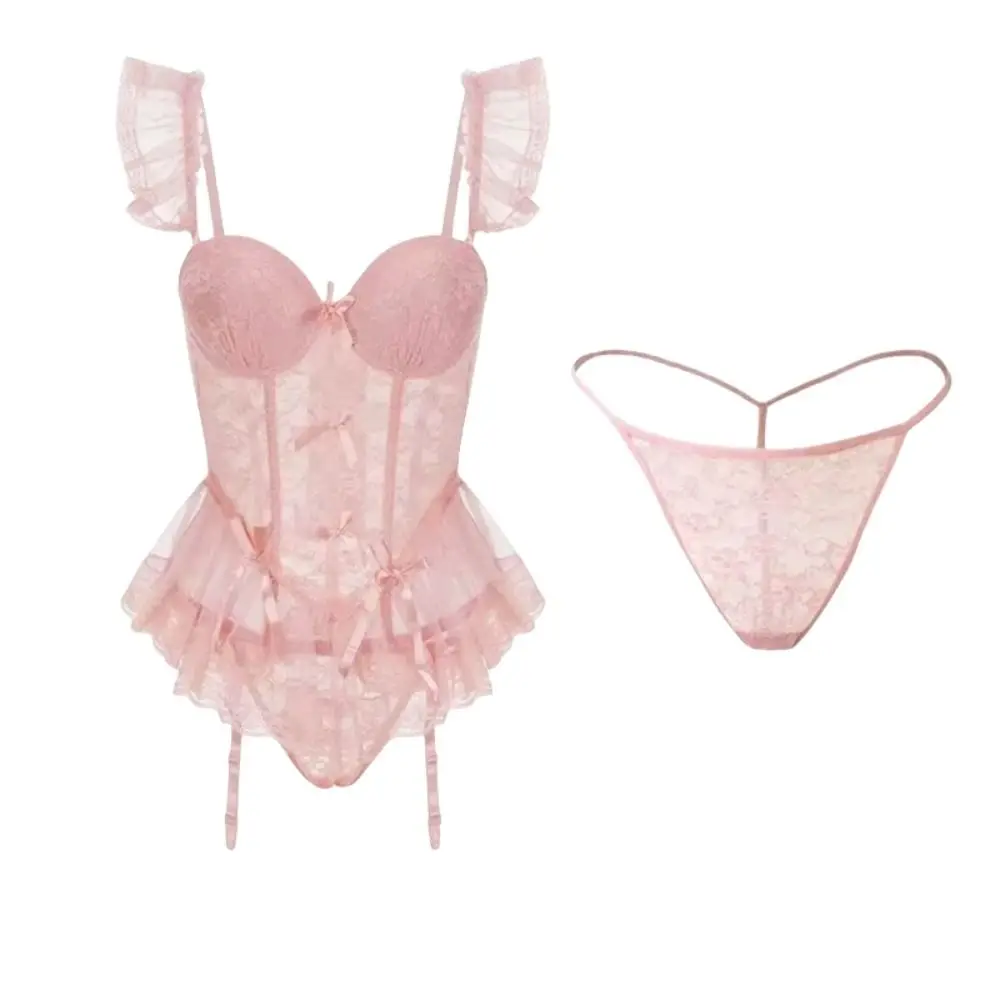 

Sweet Bowknot Lace Lingerie Women Mesh Flounce Lace Sling Nightdress Nightwear Transparent See Through Night Dress Women