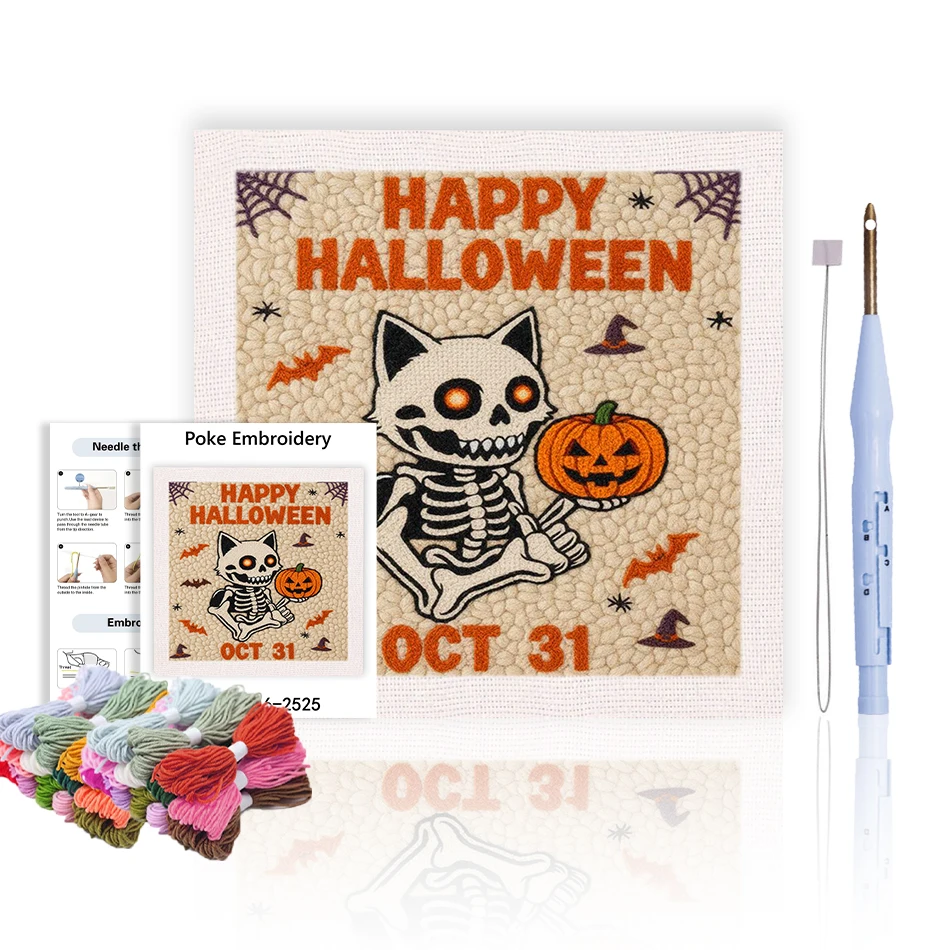 GATYZTORY embroidery punch needle Abstract Cat Halloween Tufting Handwork wooden embroidery hoops 25x25cm Sewing kit Yarn Crafts