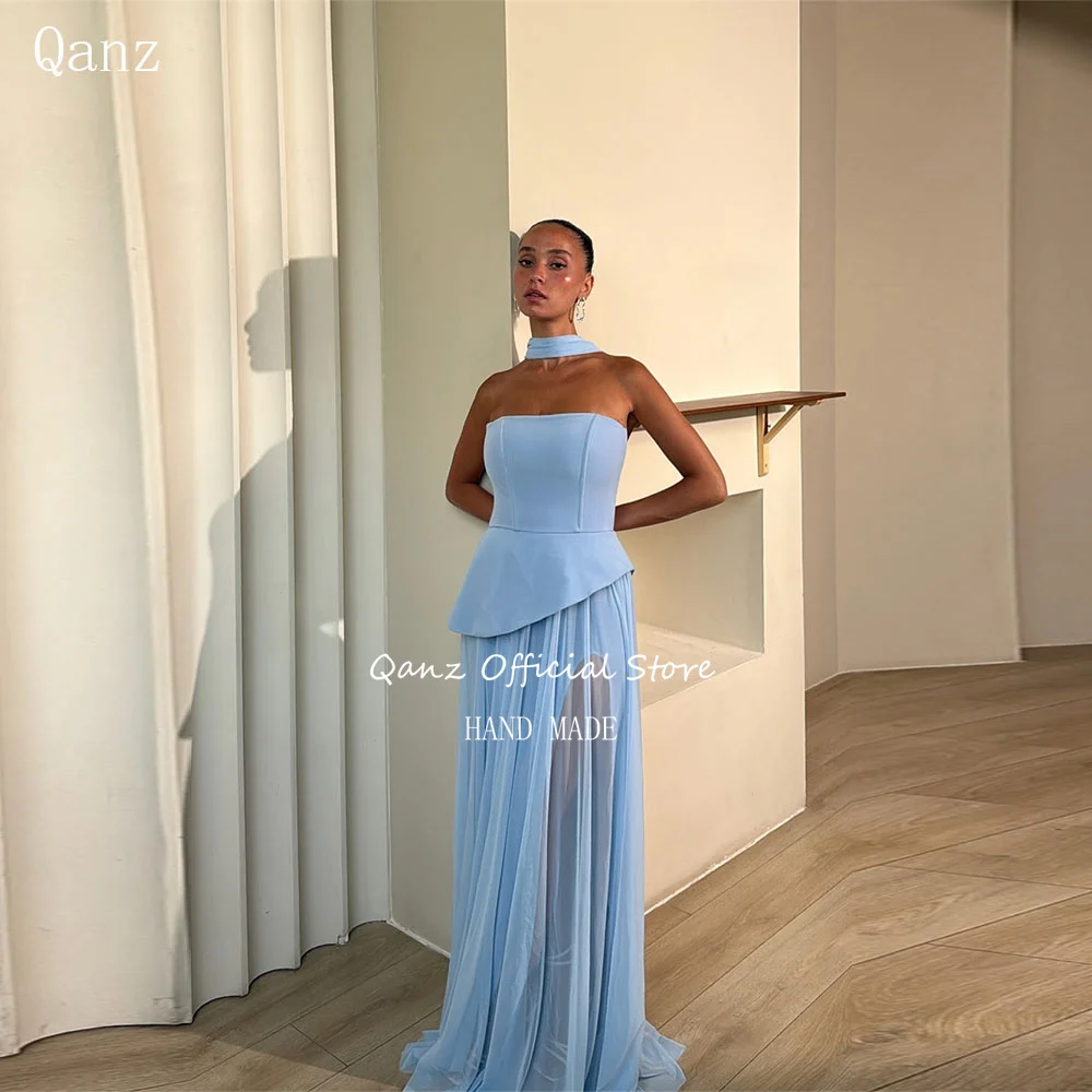 

Qanz Sky Blue Chioffon Prom Dresses Strapless Formal Evening Dress Long A Line Vestidos Elegantes Para Boda Invitada Customized