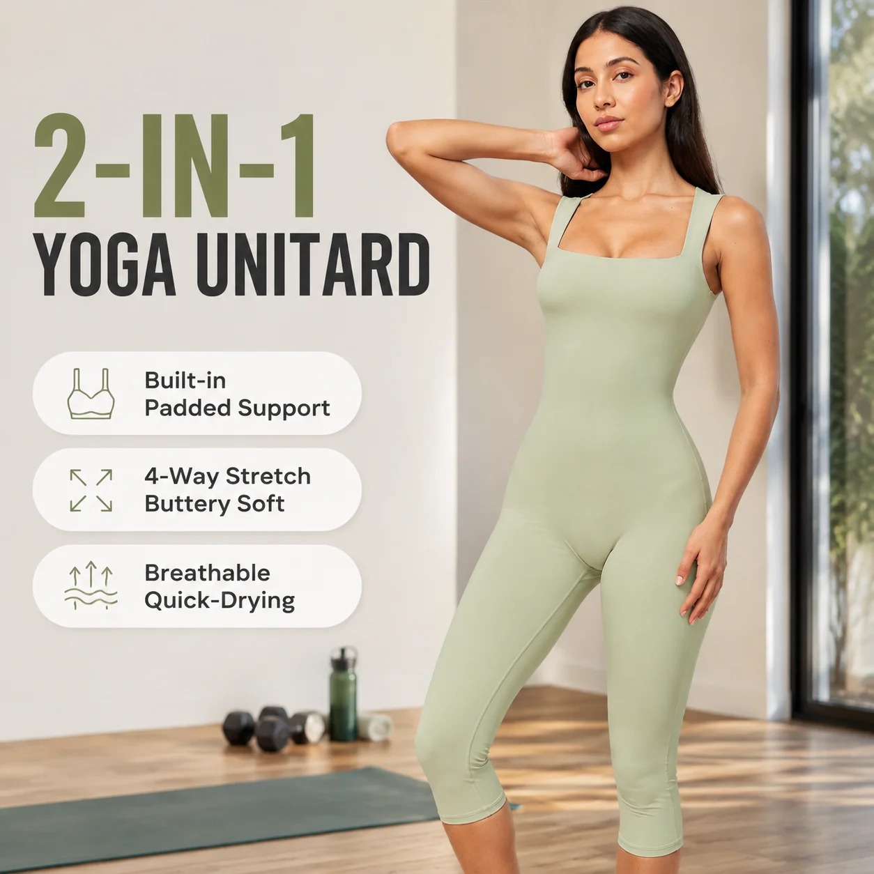 Yoga Unitard Women Square Neck Tank Top Capri Jumpsuit High Waist Padded Bust Support Bodysuit Workout Gym Activewear
