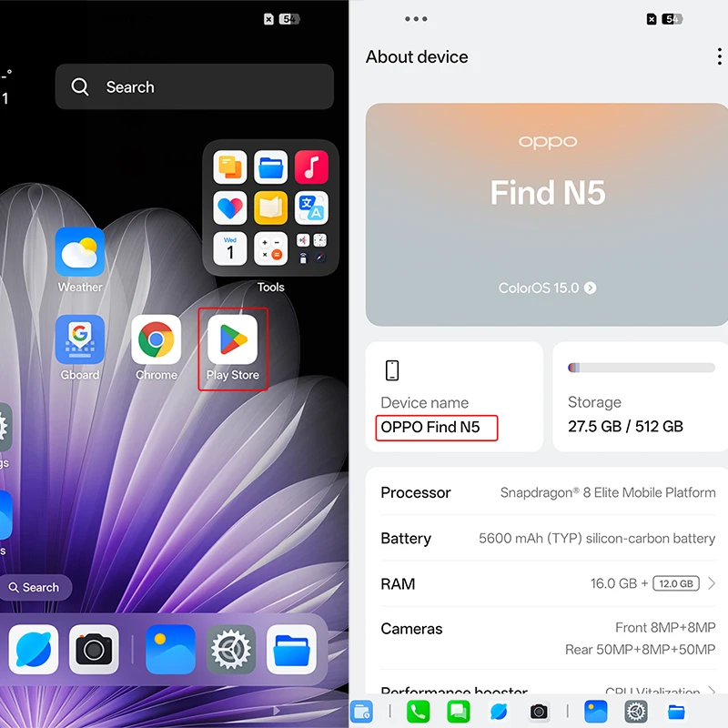 هاتف OPPO Find N5 Folding 5G الأصلي Snapdragon 8 Elite 8.12 بوصة AMOLED Google play NFC 80W SuperVOOC 5600mAh