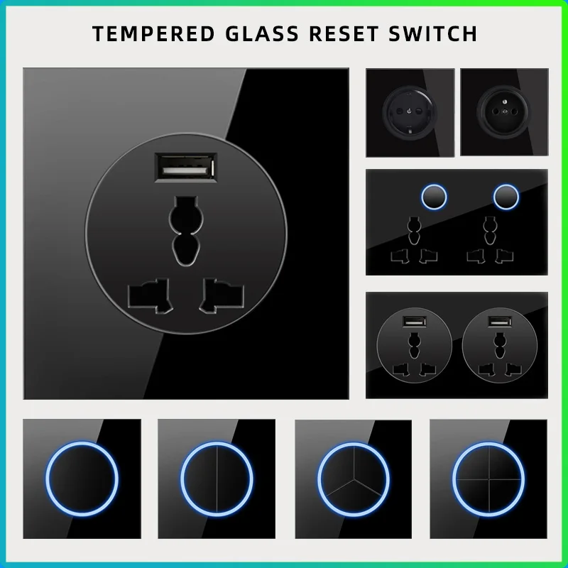 

Luxury full tempered glass wall lamp switch black UK plug universal wall socket,USB wall power socket LED lighting dimmer switch