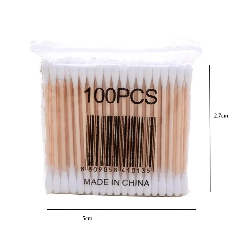 100 Double-headed Wooden Cotton Swabs Disposable Hygienic Ear-picking Pointed Makeup Household Remover Cleaning Bag