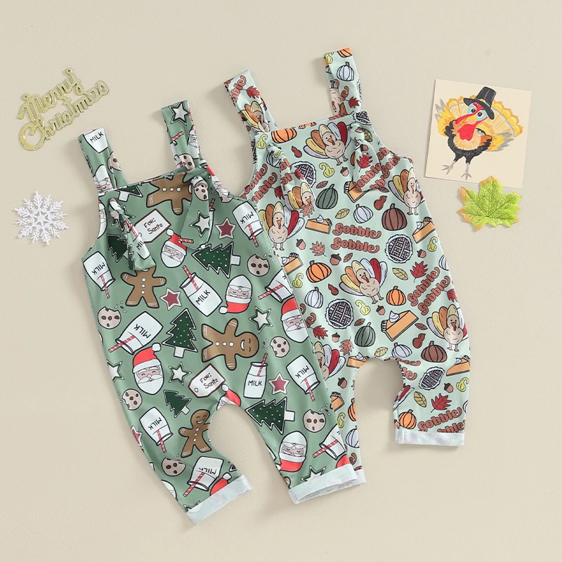 

2023-08-25 Lioraitiin 0-24M Christmas Baby Girl Suspender Romper Cartoon Overalls Novelty Turkey Santa Claus Print Bib Pants