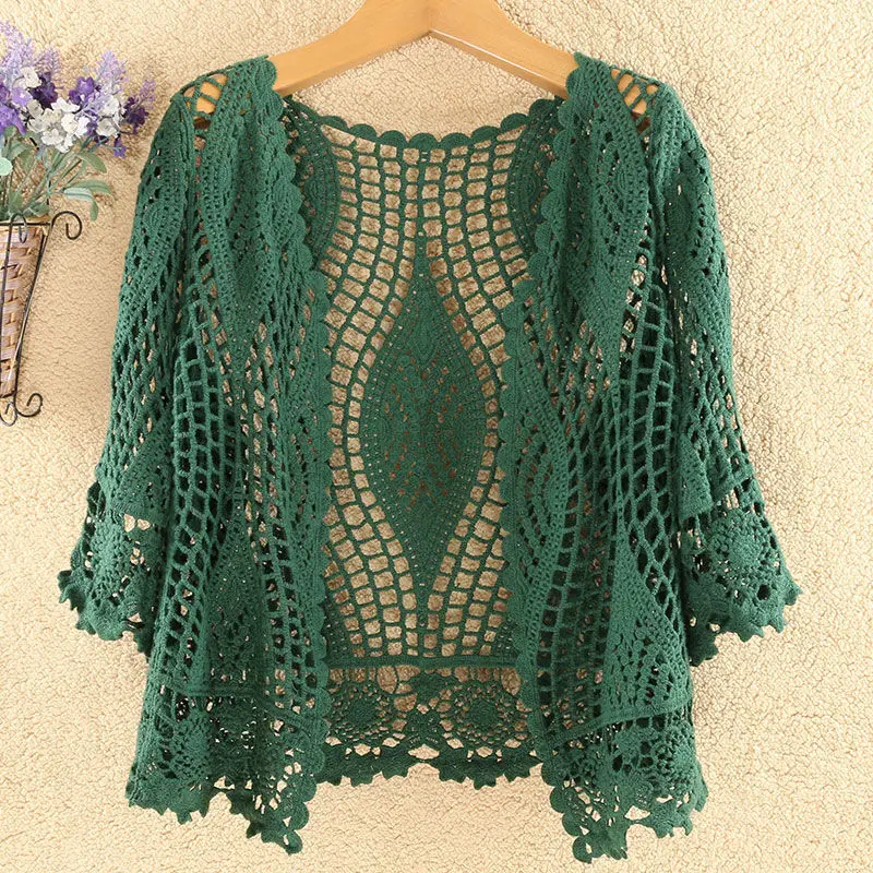 

Knitted Cardigan Women's Outerwear Lace Hollow Out Cover-Up 2025 Summer New V-neck Sun Protection Short Top