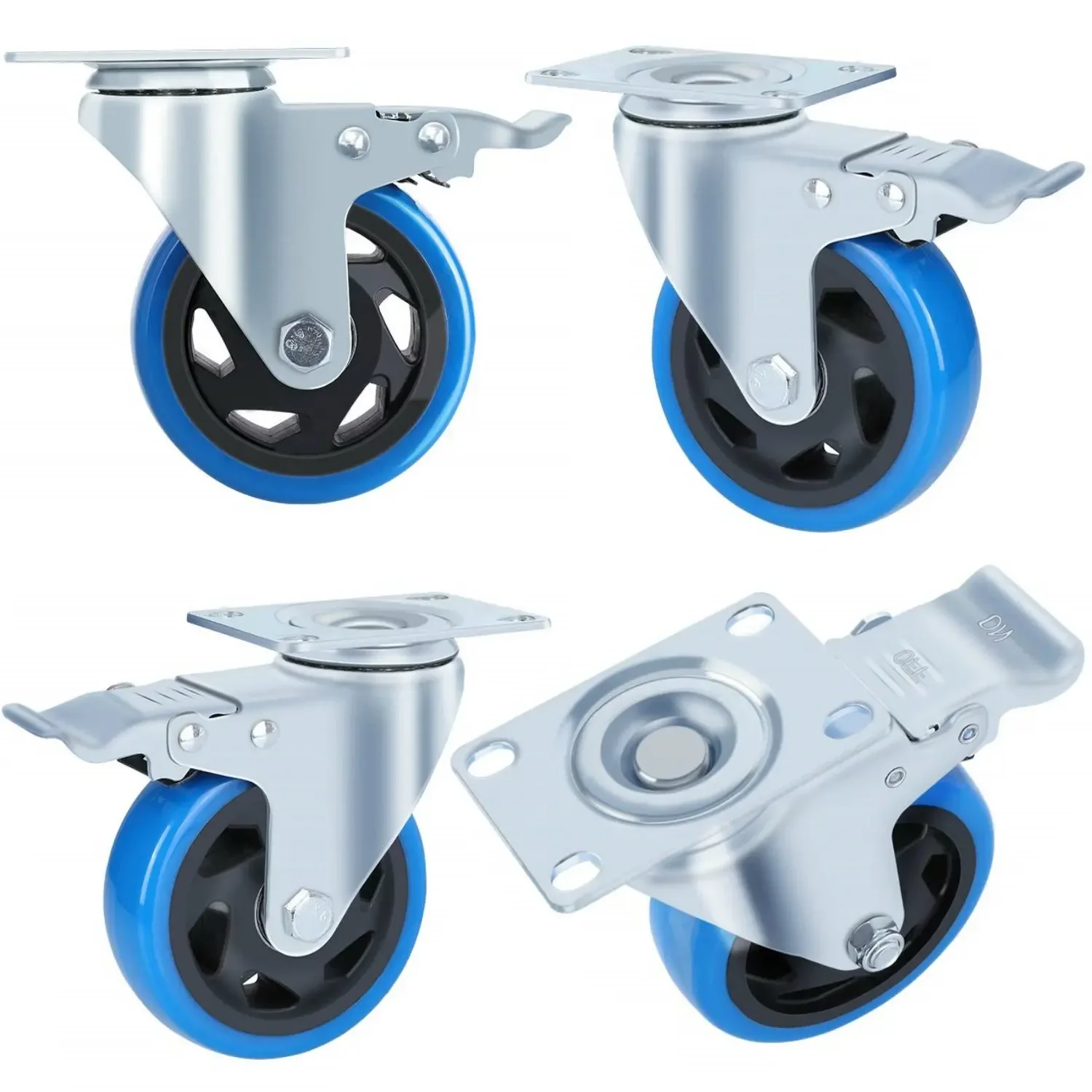 Fixkit 4x 100mm Swivel Castors with Brake Transport Castors Heavy Duty Castors 150kg Per Castor Polyurethane Furniture Wheel