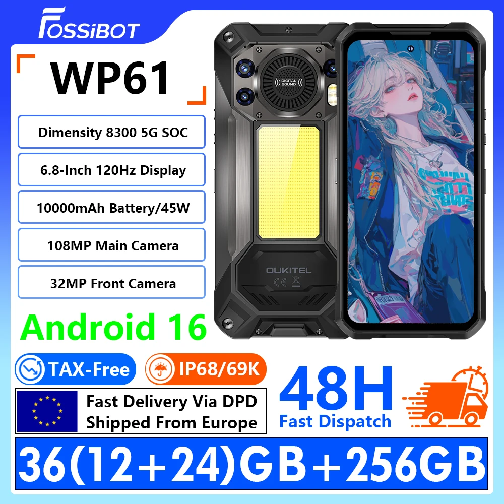 [Versand aus Europa] OUKITEL WP61 5G Outdoor-Handy 6,8-Zoll FHD+ 120Hz Display 36(12+24)GB RAM+512GB ROM MediaTek Dimensity 7025 5G 20000mAh Akku 45W Schnellladung 108MP+32MP Kamera Android 16 NFC