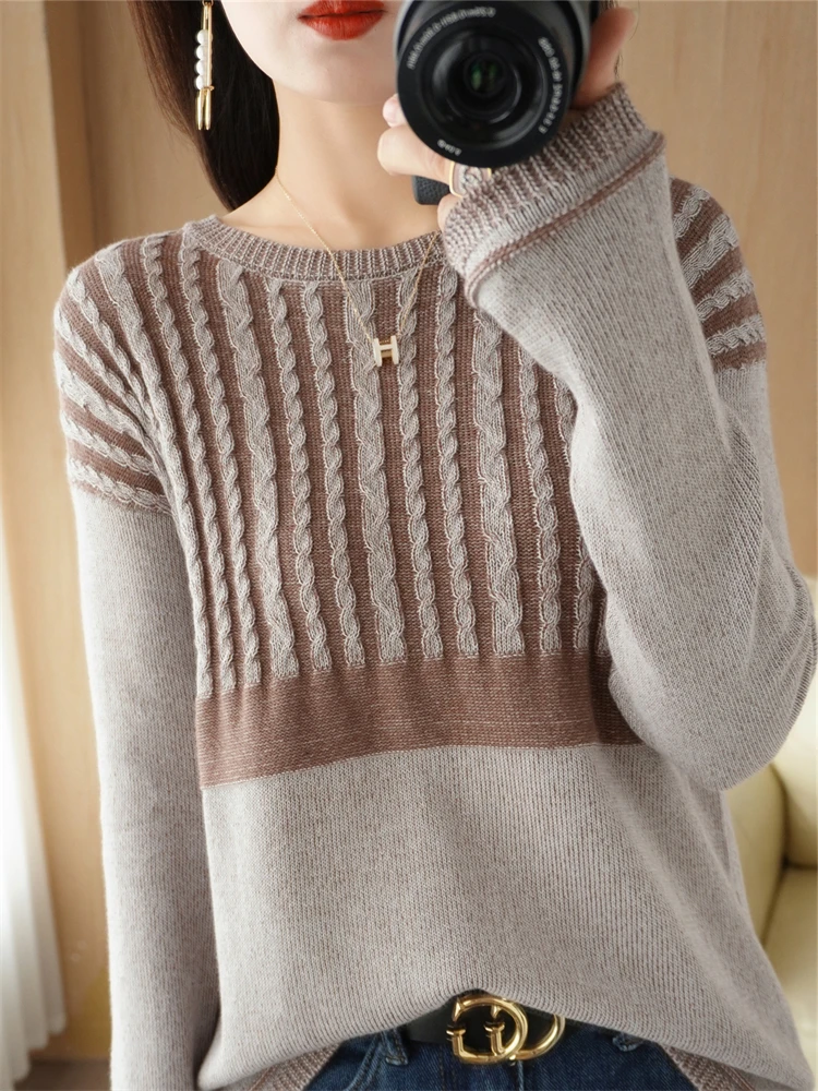 Hot Sale New Autumn Winter 100% Pure Cotton Sweater Women O-neck Pullover Contrast Vertical Stripe Loose Casual Knit Base Tops