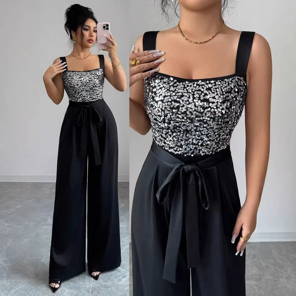 

New sequined black jumpsuit, elegant and sexy, slim fit with tie design, sleeveless and straight cut