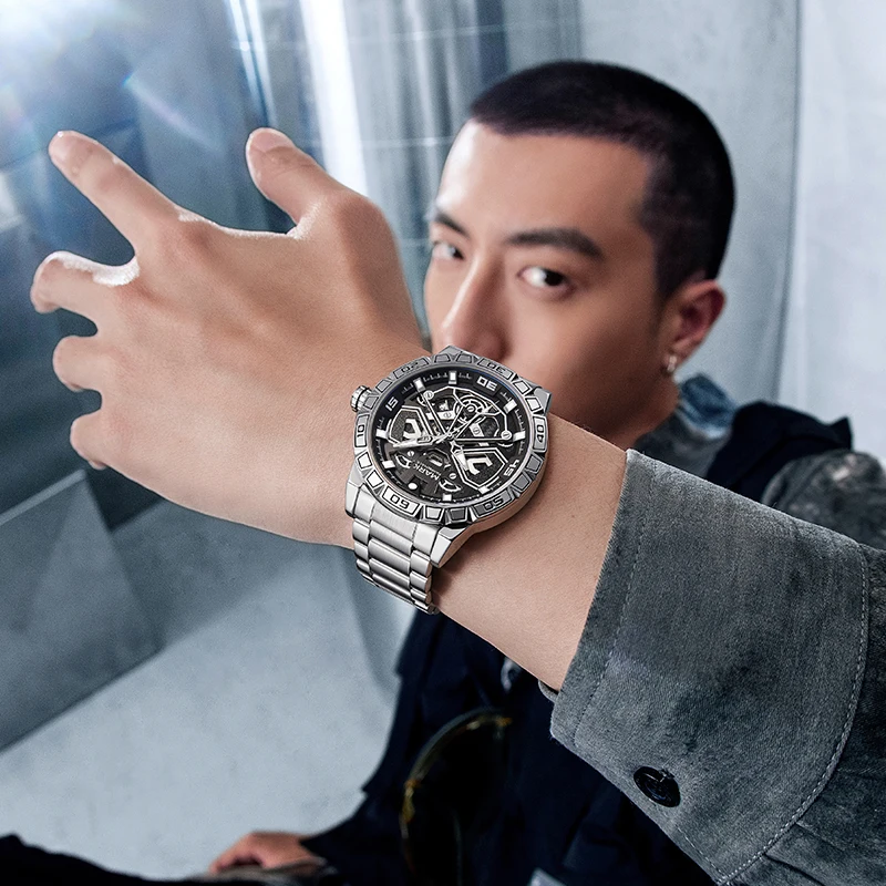 Mark Fairwhale Top Brand Luxury Watch Tourbillon Mechanical Watch for Men Automatic Steel Strap Skeleton Mens Watches