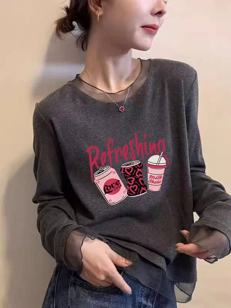 Korean Style Long Sleeve T-Shirt Women's Mesh Lace under Shirt Fashionable Versatile Slimming Top Commute Style Winter Season