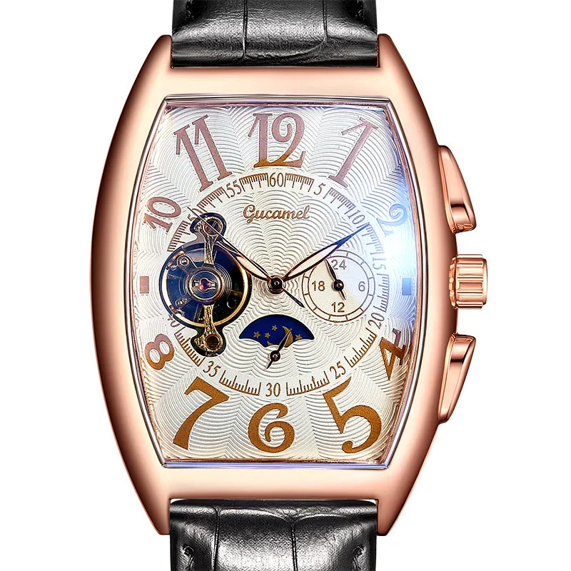 Luxury Automatic Mechanical Watches Men Moon Phase Skeleton Retro Self Winding Wristwatch Male Gold Case Clock Leather Watches