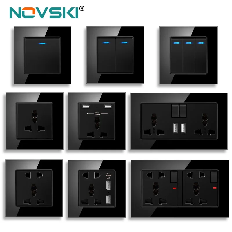 Novski 13a presa interruttore universale a 5 fori 2 porte di ricarica uscita usb presa a muro 2.1a pannello in vetro cristallo