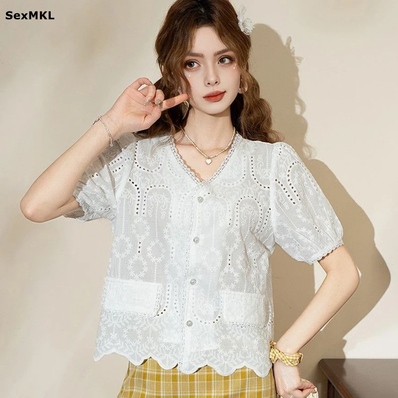 

Embroidery Hollow Out Summer Shirts Vintage Women Casual Blouses Short Sleeve Y2k Clothes Slim V Neck Sweet Cute Lace Crop Tops