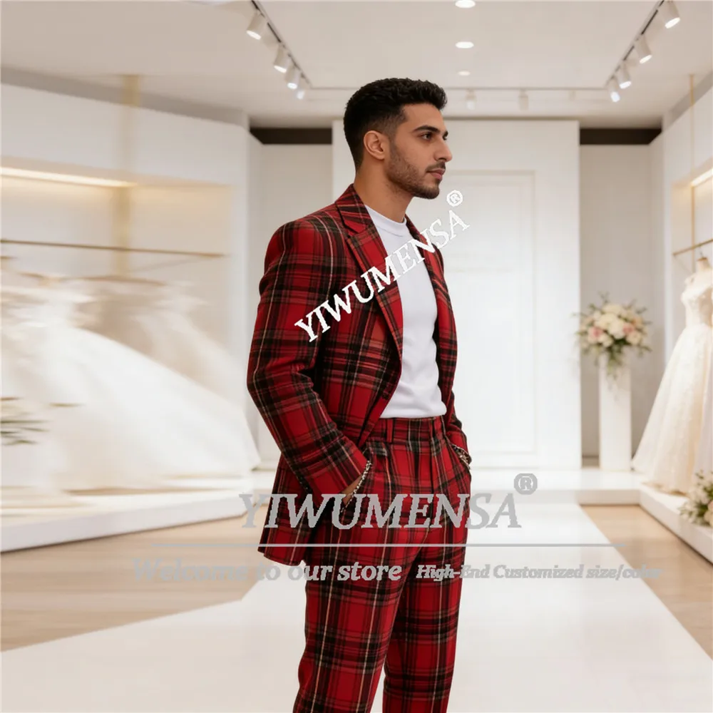 

British Style Plaid Check Suit Men 2 Piece Single Breasted Jacket Pants Customized Smart Casual Prom Blazer Male Fashion Tuxedos