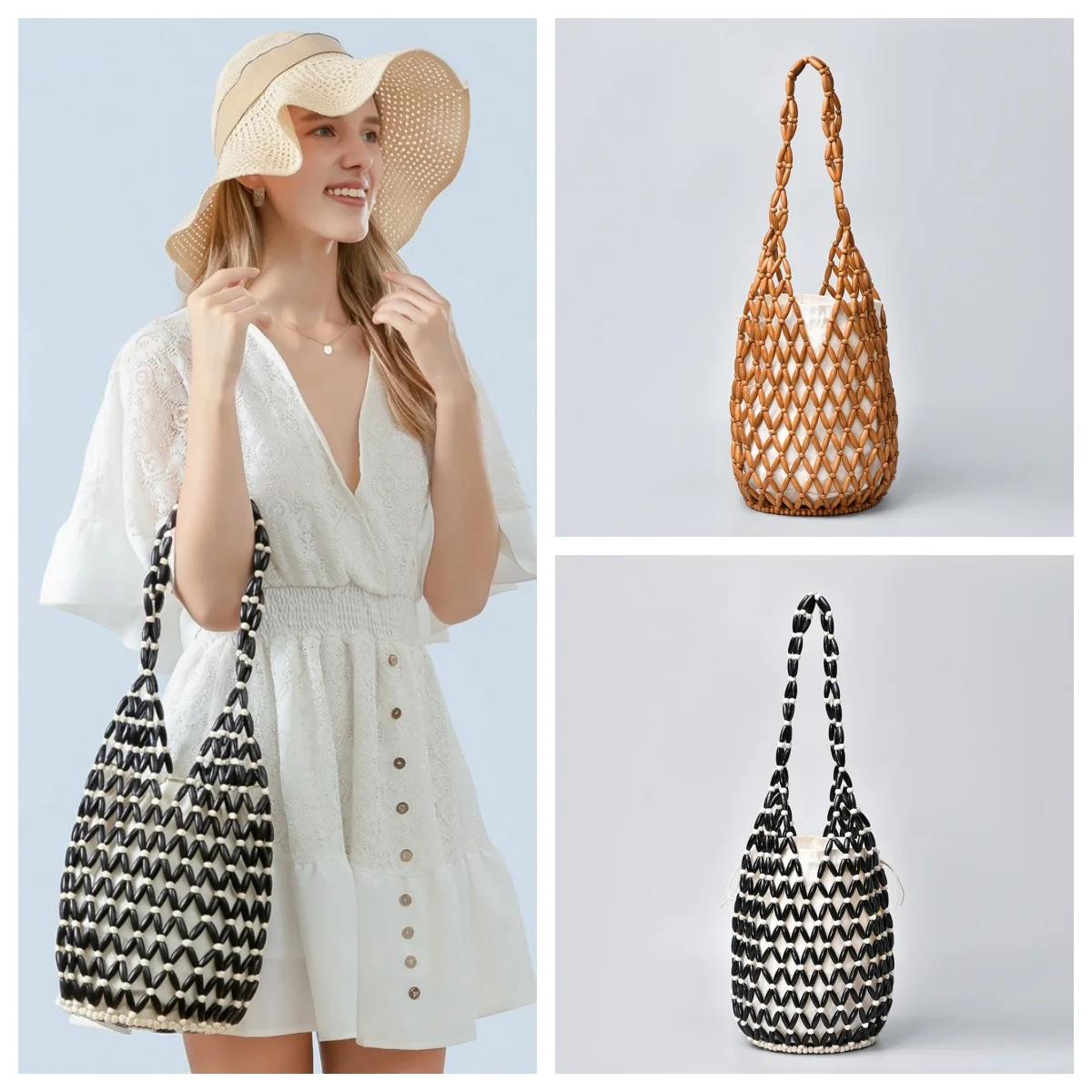 Women Woven Hand Bag Exquisite Design Hollow-out Wooden Bead Tote Bucket Shoulder Bag Female Handmade Beaded Handbag