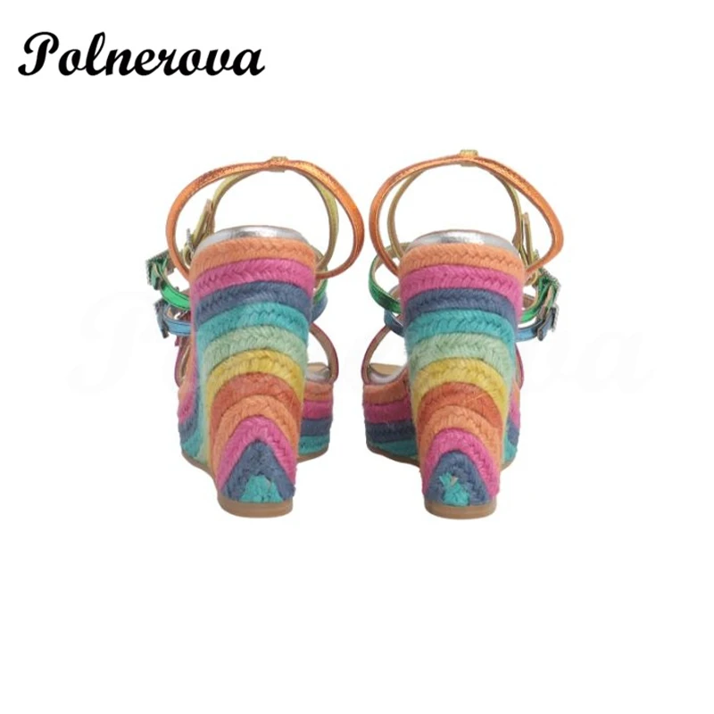 Rainbow Print Espadarille Wedge Sandals Platform Genuine Leather Strap Crystal Buckle Sandals Hollow Slingback Shoes for Women