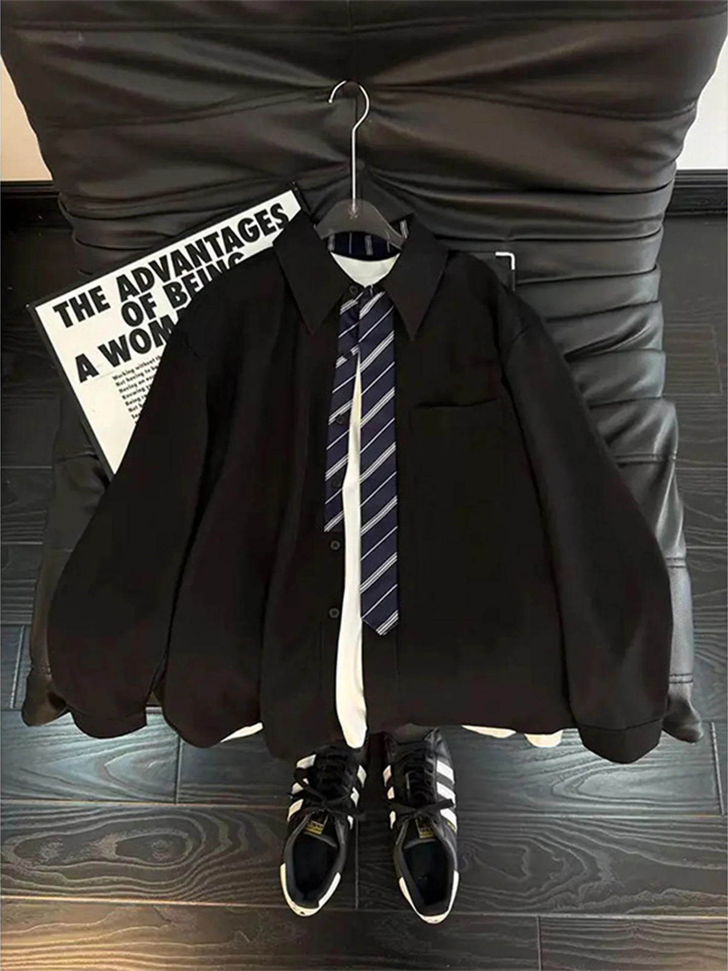 

Мужская рубашка с длинным рукавом Bla Long Sleeve, весенне-осенняя, в американском университетском стиле, с имитацией галстука, пэчворк, повседневная, модная